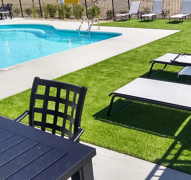 Backyard artificial grass pool area